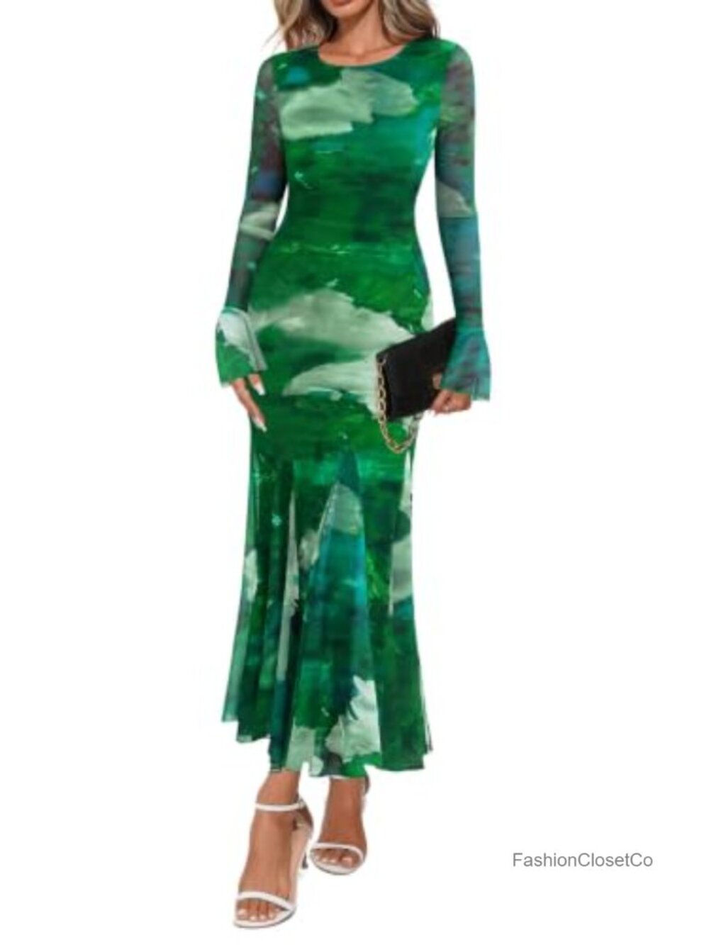 Women's Long Sleeve Floral Mesh Maxi Dress Wedding Guest Cocktail Party